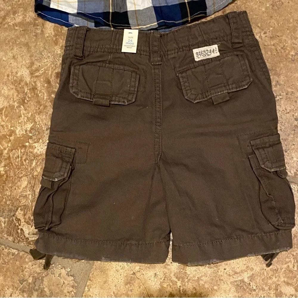 NWT~OLD NAVY CHILDREN’S PLACE Boys Blue Plaid Top & Brown Cargo Shorts -2 Yrs